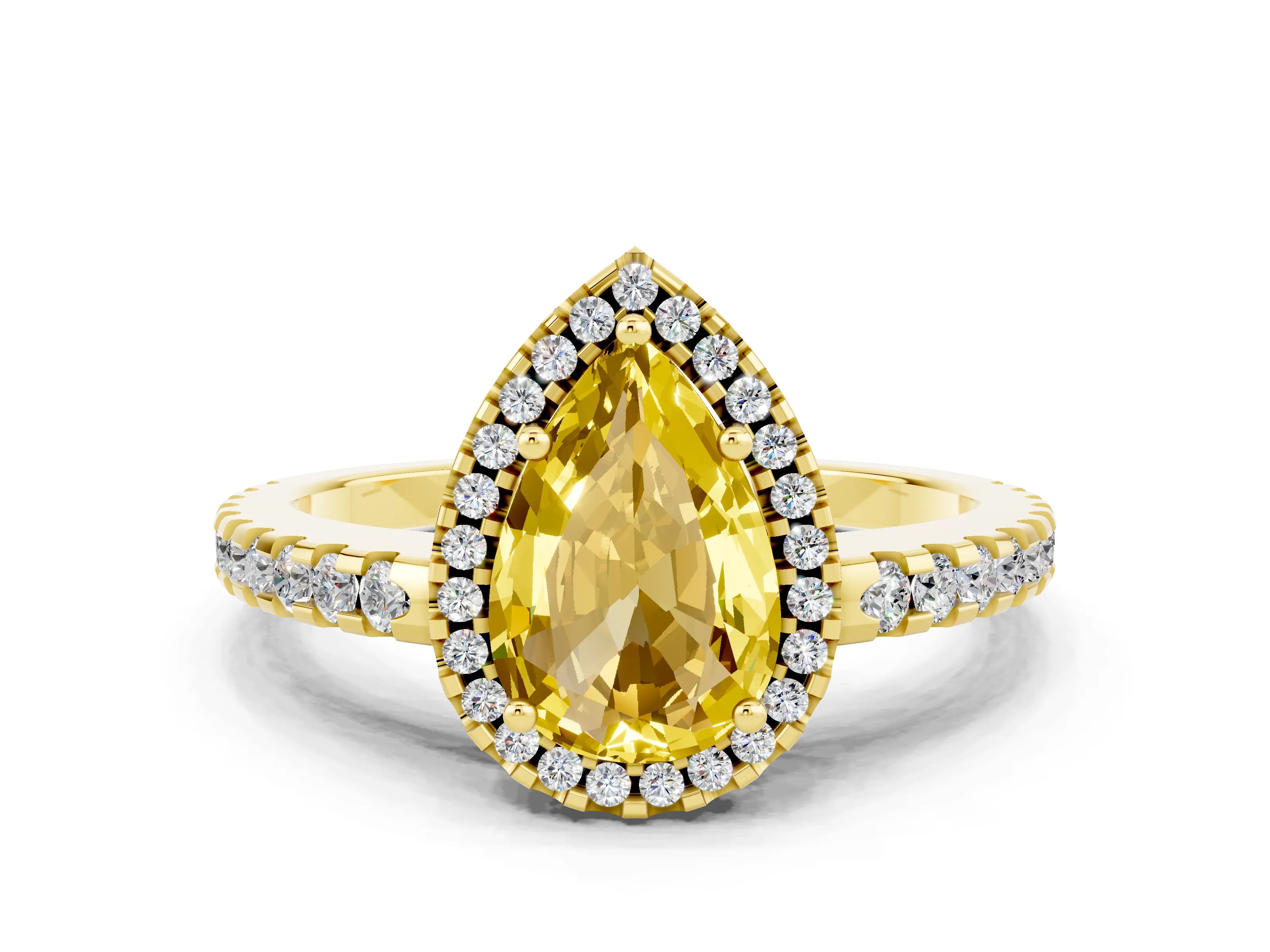 Yellow gold Pear Cut Yellow Sapphire Halo Engagement Ring with Pavé Band and Prong Setting_12