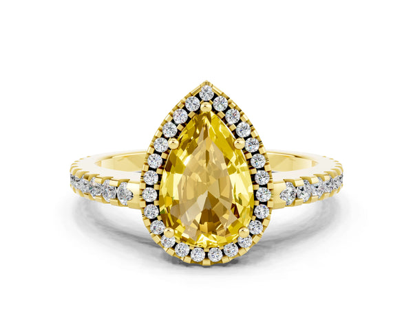 Yellow gold Pear Cut Yellow Sapphire Halo Engagement Ring with Pavé Band and Prong Setting