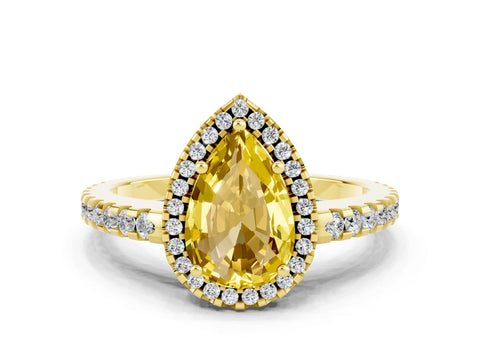 Yellow gold Pear Cut Yellow Sapphire Halo Engagement Ring with Pavé Band and Prong Setting_12
