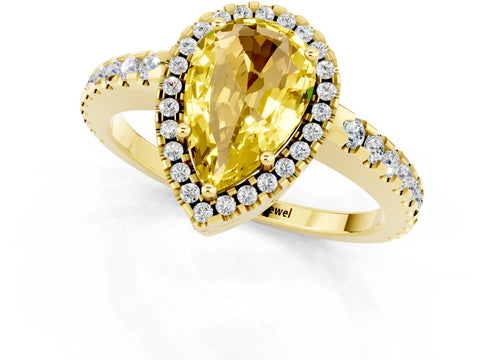 Yellow gold Pear Cut Yellow Sapphire Halo Engagement Ring with Pavé Band and Prong Setting_13
