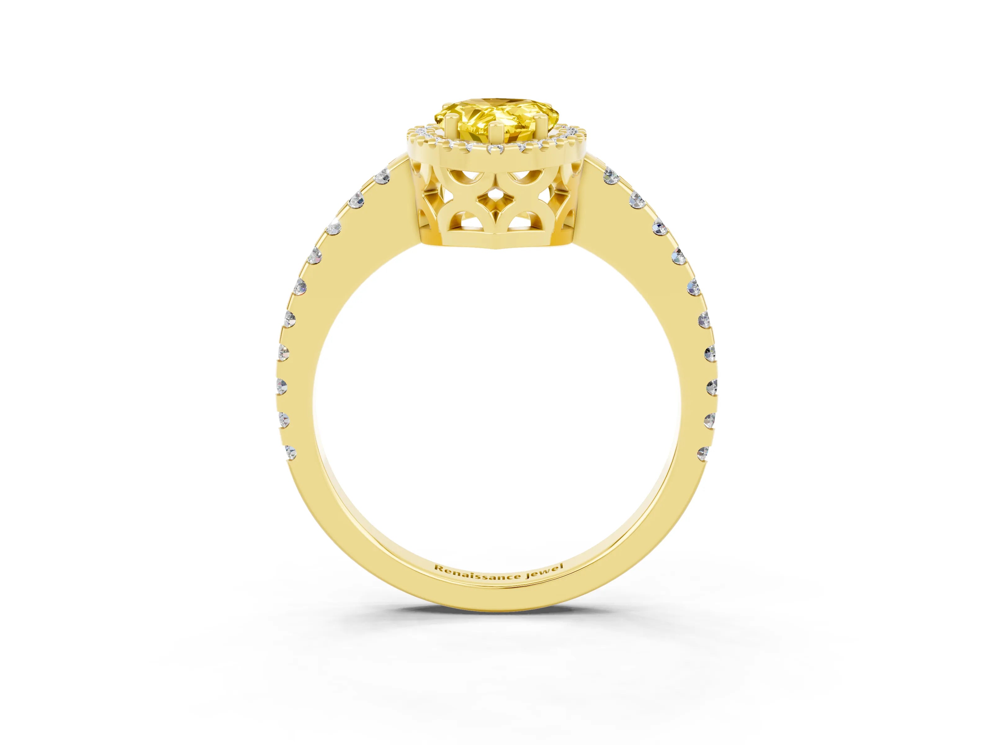 Yellow gold Pear Cut Yellow Sapphire Halo Engagement Ring with Pavé Band and Prong Setting_15