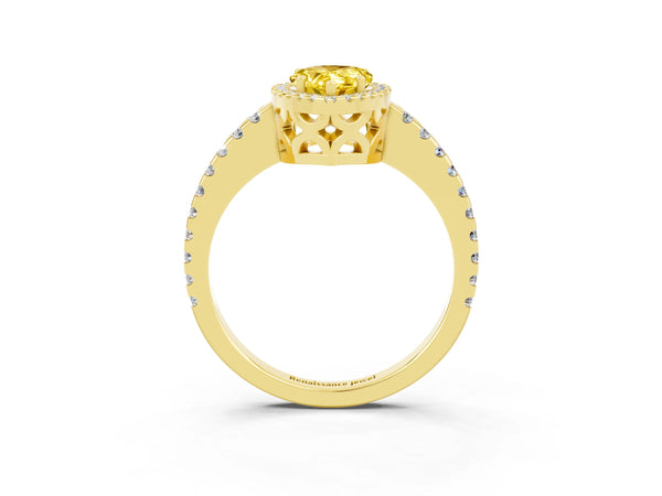 Yellow gold Pear Cut Yellow Sapphire Halo Engagement Ring with Pavé Band and Prong Setting