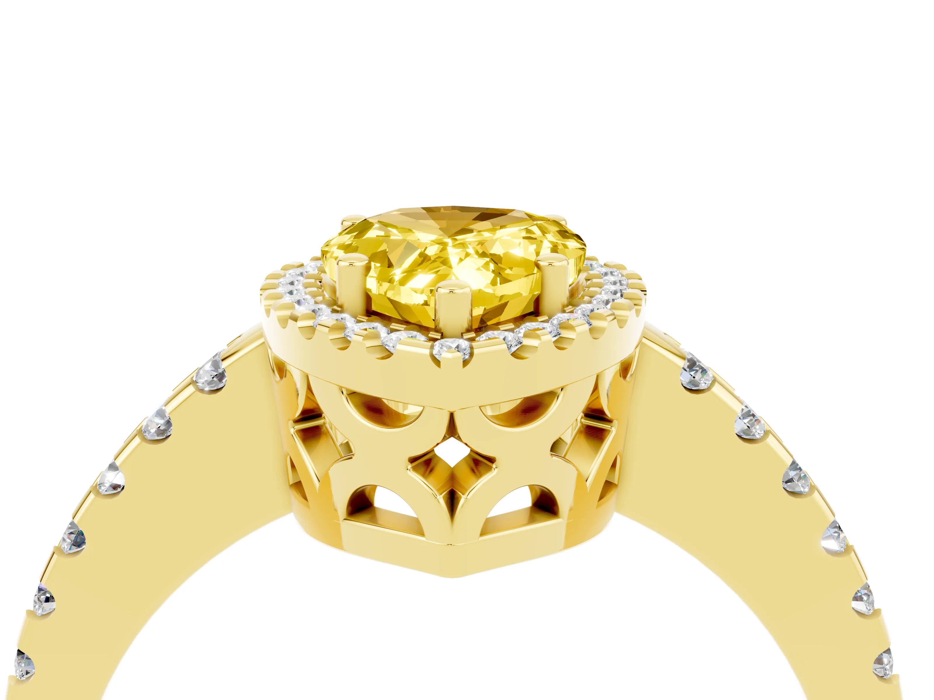 Yellow gold Pear Cut Yellow Sapphire Halo Engagement Ring with Pavé Band and Prong Setting_16
