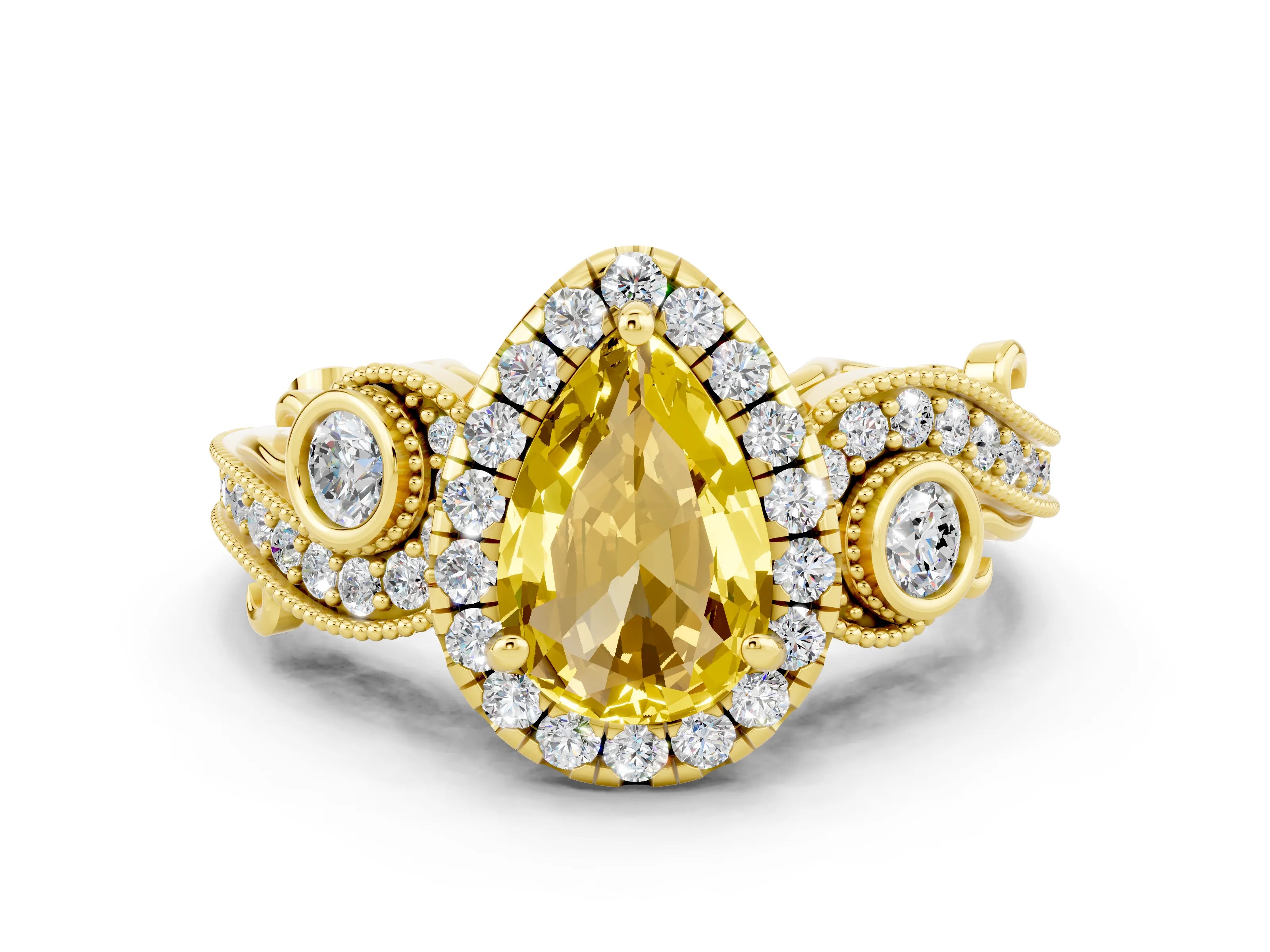 Yellow gold Pear Cut Yellow Sapphire Halo Ring with Milgrain Pavé Band and Four-Prong Setting_12