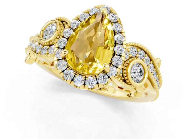 Yellow gold Pear Cut Yellow Sapphire Halo Ring with Milgrain Pavé Band and Four-Prong Setting