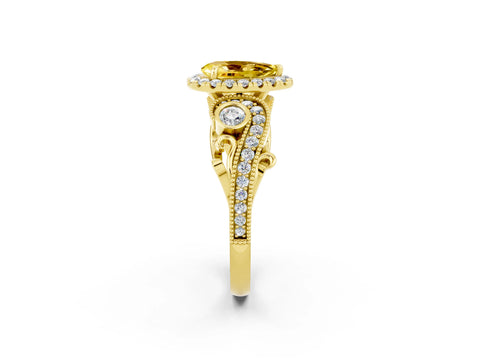 Yellow gold Pear Cut Yellow Sapphire Halo Ring with Milgrain Pavé Band and Four-Prong Setting_14