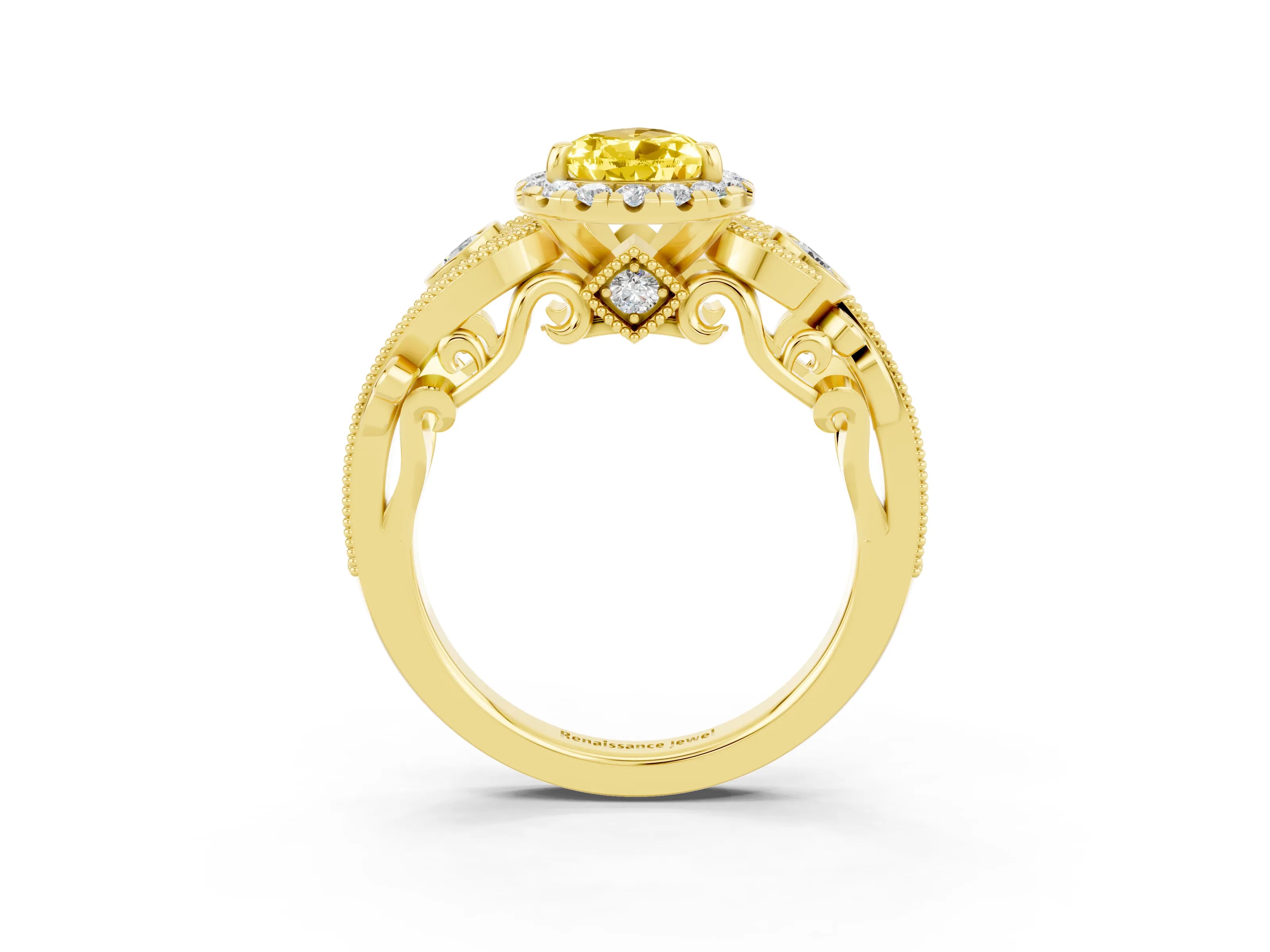 Yellow gold Pear Cut Yellow Sapphire Halo Ring with Milgrain Pavé Band and Four-Prong Setting_15