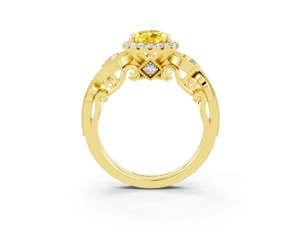 Yellow gold Pear Cut Yellow Sapphire Halo Ring with Milgrain Pavé Band and Four-Prong Setting