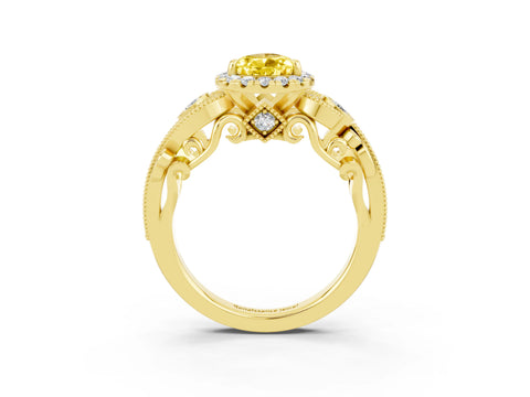 Yellow gold Pear Cut Yellow Sapphire Halo Ring with Milgrain Pavé Band and Four-Prong Setting_15