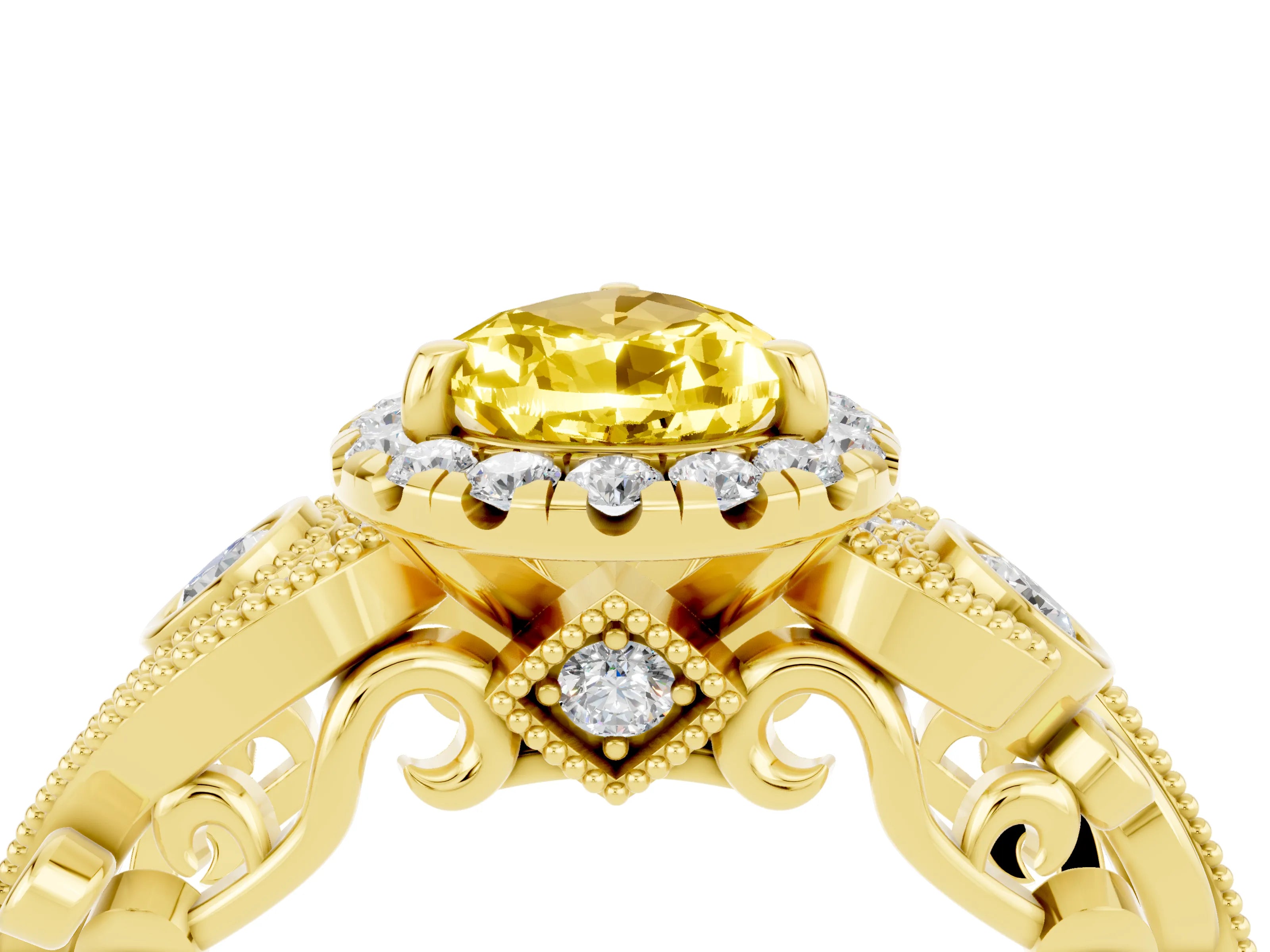 Yellow gold Pear Cut Yellow Sapphire Halo Ring with Milgrain Pavé Band and Four-Prong Setting_16