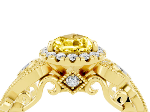 Yellow gold Pear Cut Yellow Sapphire Halo Ring with Milgrain Pavé Band and Four-Prong Setting_16
