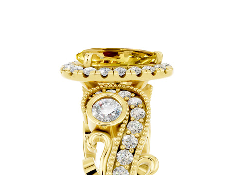 Yellow gold Pear Cut Yellow Sapphire Halo Ring with Milgrain Pavé Band and Four-Prong Setting_17