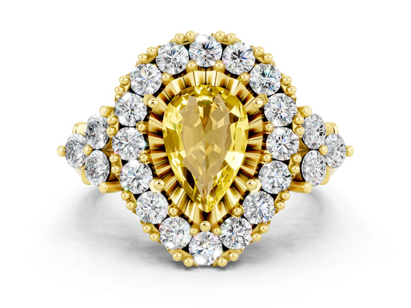 Yellow gold Pear Cut Yellow Sapphire Halo Ring with Pavé Band and Four-Prong Setting
