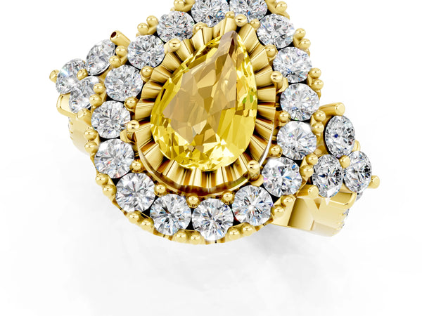 Yellow gold Pear Cut Yellow Sapphire Halo Ring with Pavé Band and Four-Prong Setting