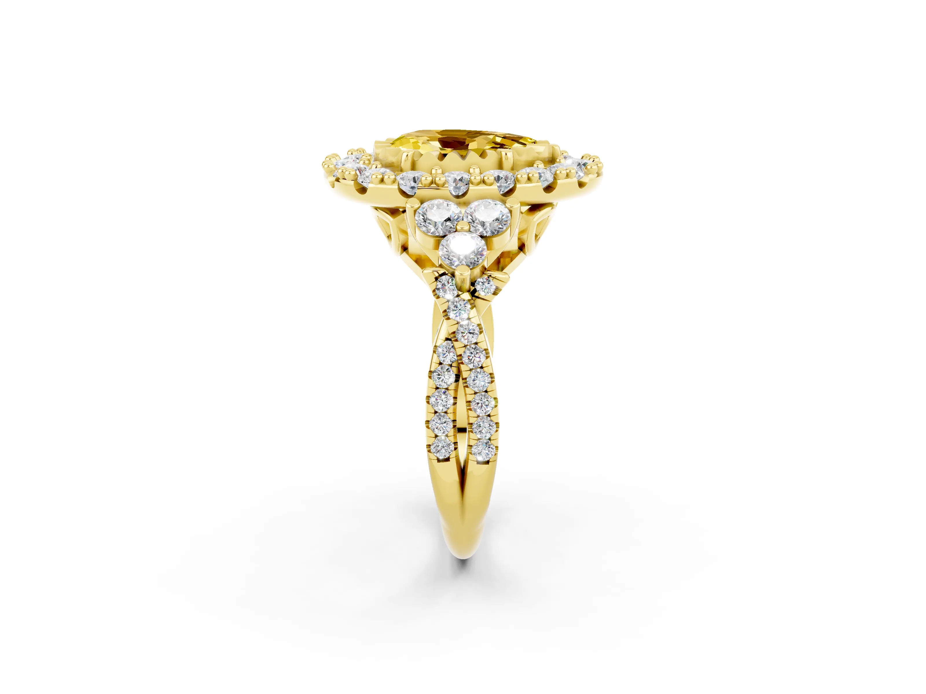 Yellow gold Pear Cut Yellow Sapphire Halo Ring with Pavé Band and Four-Prong Setting_14