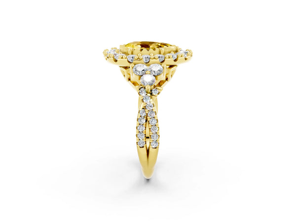 Yellow gold Pear Cut Yellow Sapphire Halo Ring with Pavé Band and Four-Prong Setting