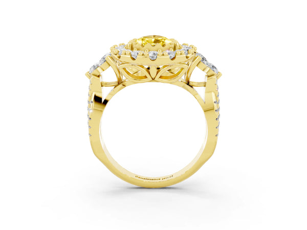 Yellow gold Pear Cut Yellow Sapphire Halo Ring with Pavé Band and Four-Prong Setting