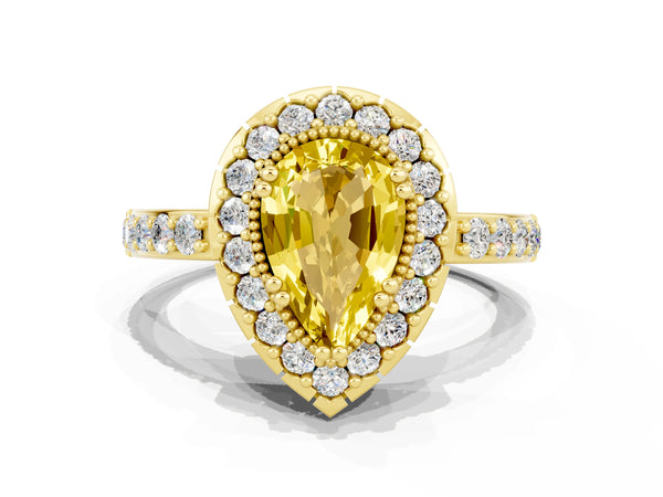 Yellow gold Pear Cut Yellow Sapphire Halo Ring with Pavé Band and Prong Setting