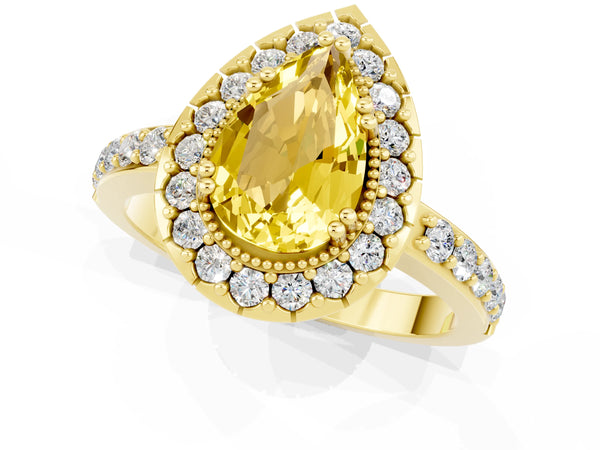 Yellow gold Pear Cut Yellow Sapphire Halo Ring with Pavé Band and Prong Setting