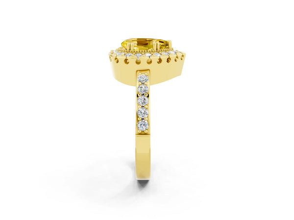 Yellow gold Pear Cut Yellow Sapphire Halo Ring with Pavé Band and Prong Setting