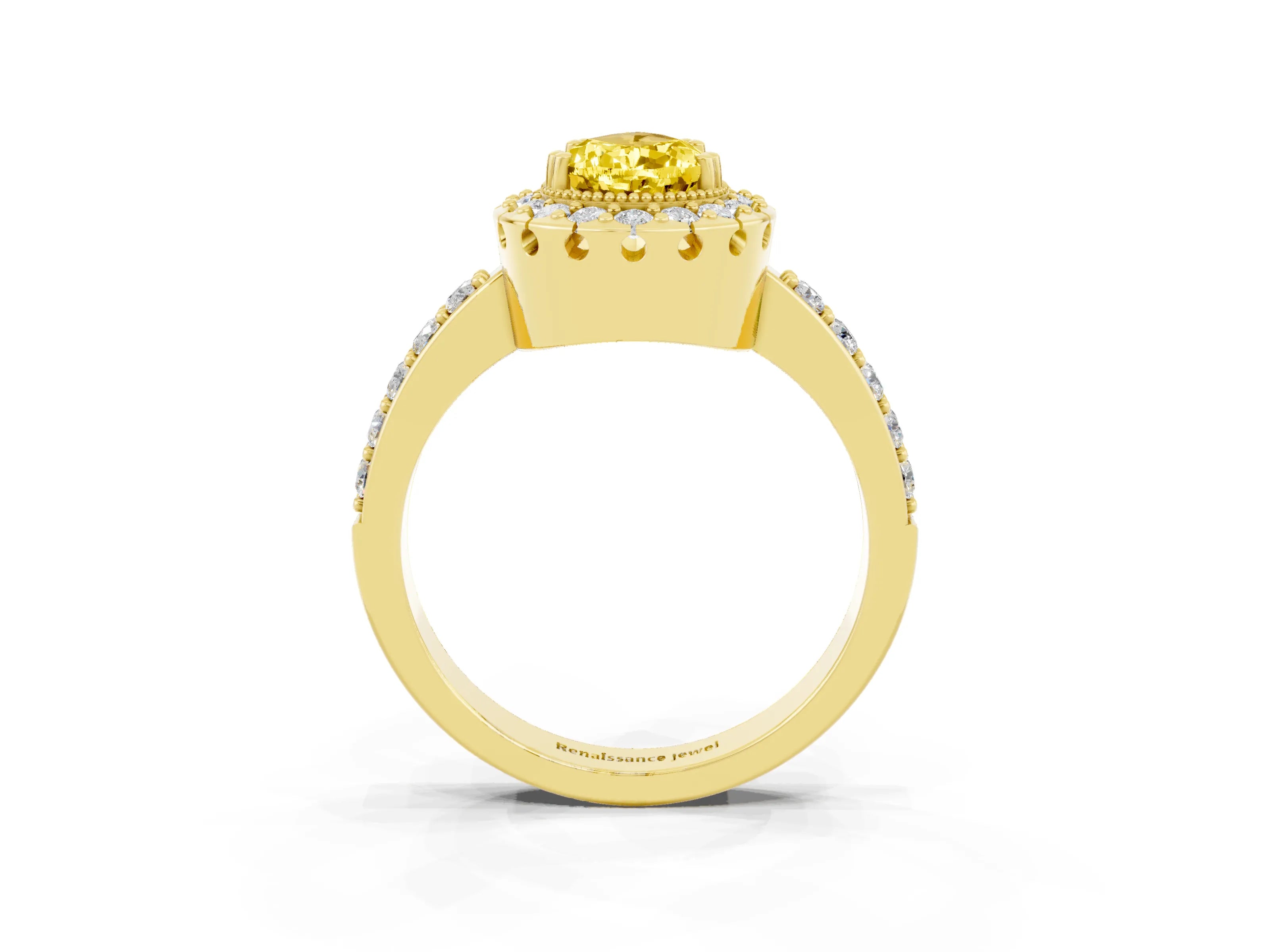Yellow gold Pear Cut Yellow Sapphire Halo Ring with Pavé Band and Prong Setting_3