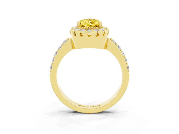 Yellow gold Pear Cut Yellow Sapphire Halo Ring with Pavé Band and Prong Setting