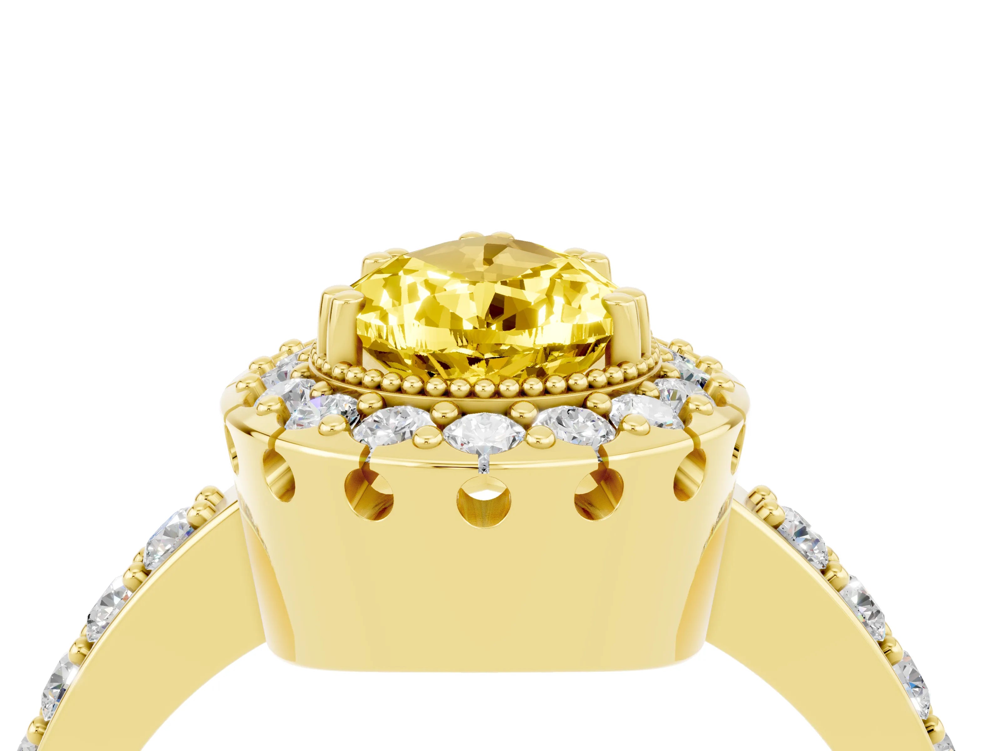 Yellow gold Pear Cut Yellow Sapphire Halo Ring with Pavé Band and Prong Setting_4