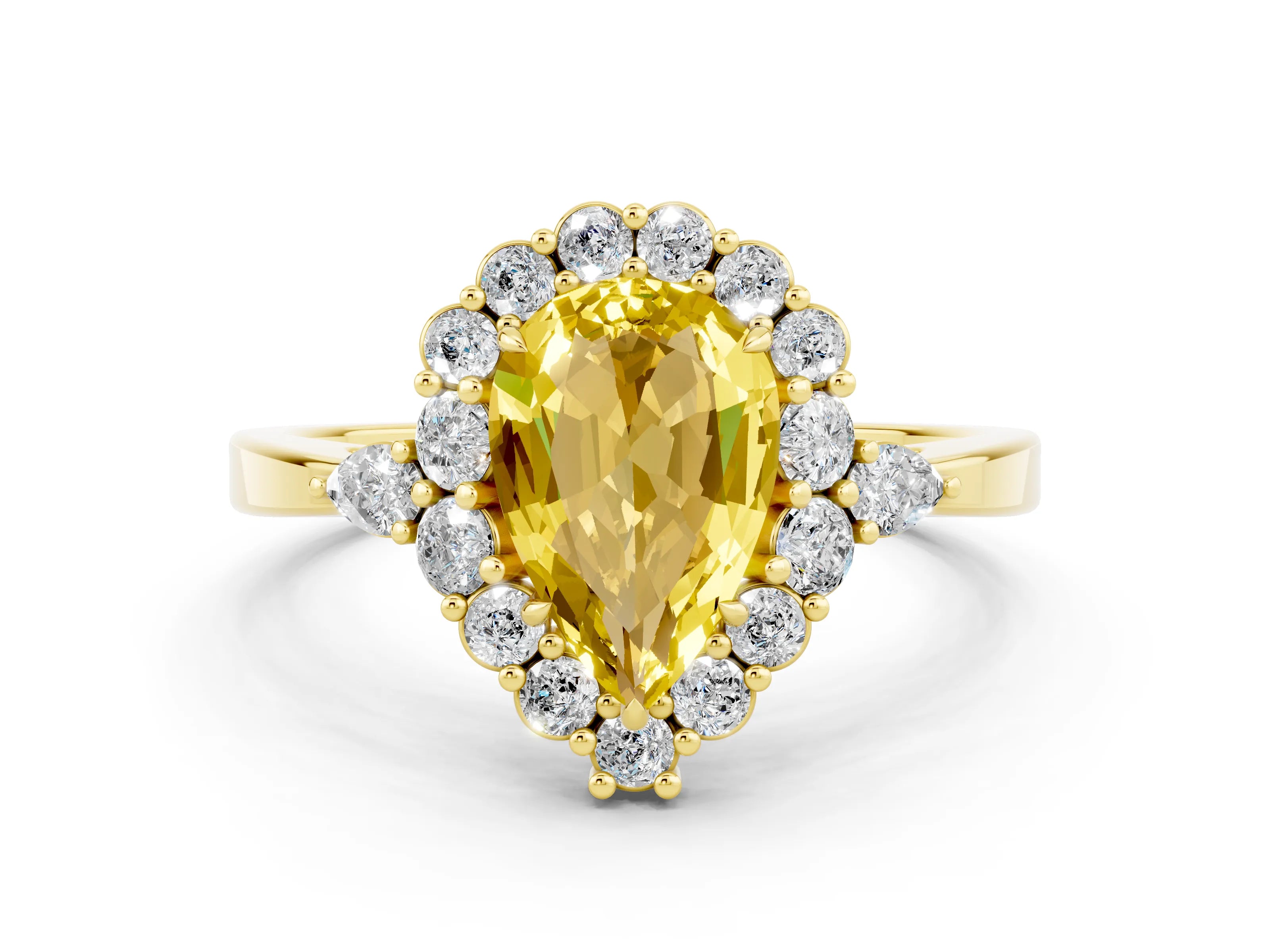 Yellow gold Pear Cut Yellow Sapphire Halo Ring with Pear Side Stones and Prong Setting_12