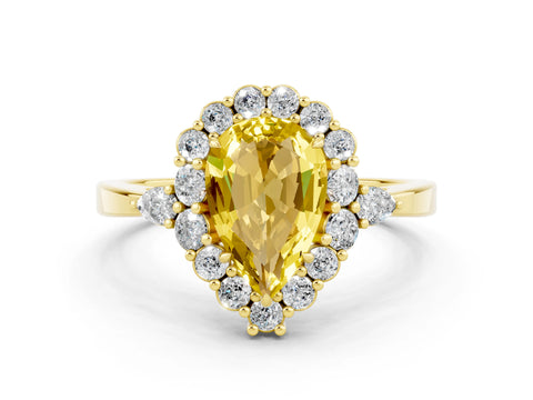 Yellow gold Pear Cut Yellow Sapphire Halo Ring with Pear Side Stones and Prong Setting_12