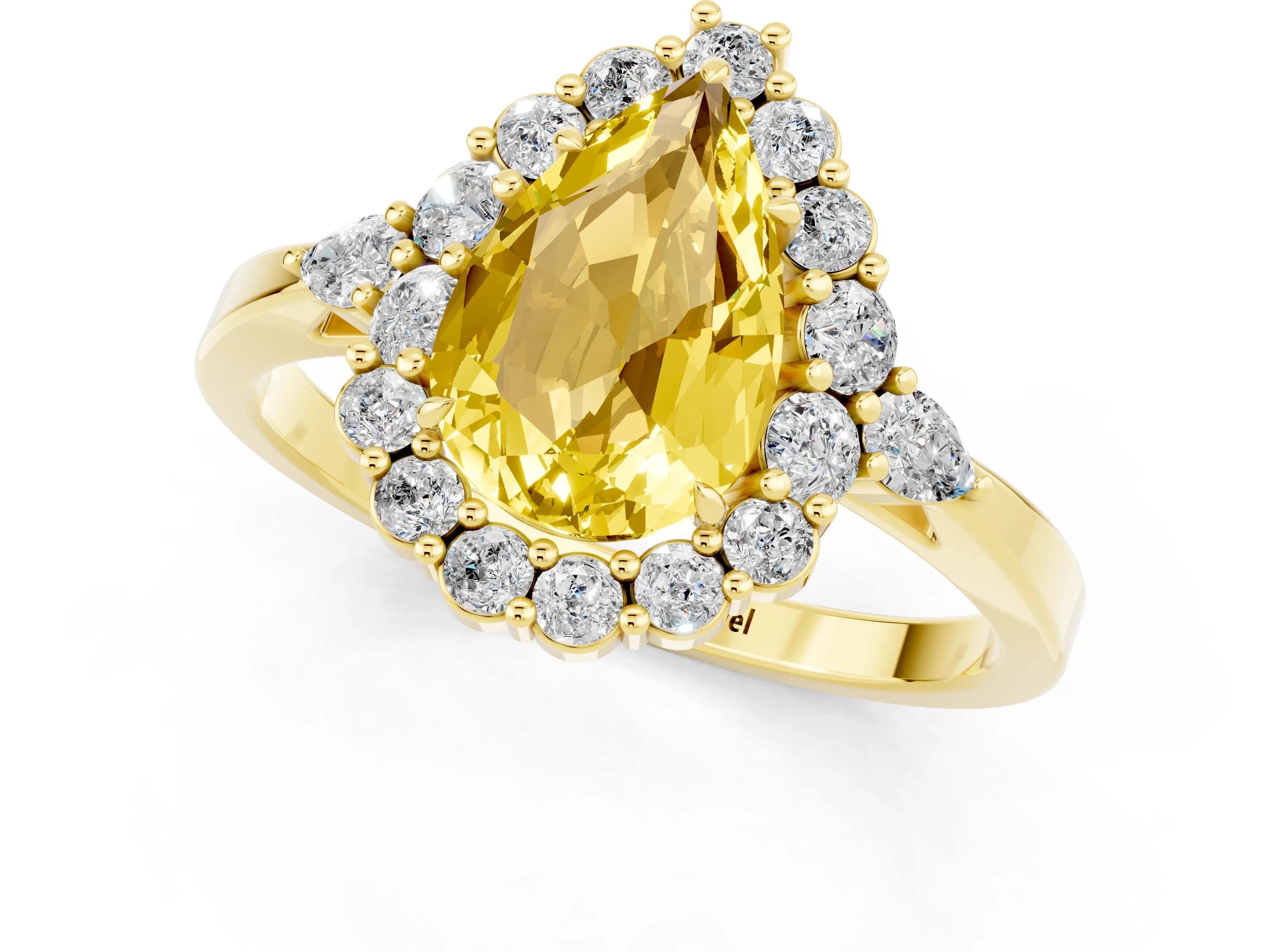 Yellow gold Pear Cut Yellow Sapphire Halo Ring with Pear Side Stones and Prong Setting_13