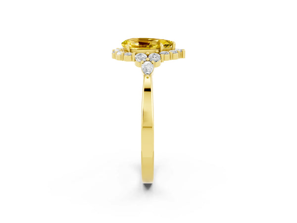 Yellow gold Pear Cut Yellow Sapphire Halo Ring with Pear Side Stones and Prong Setting