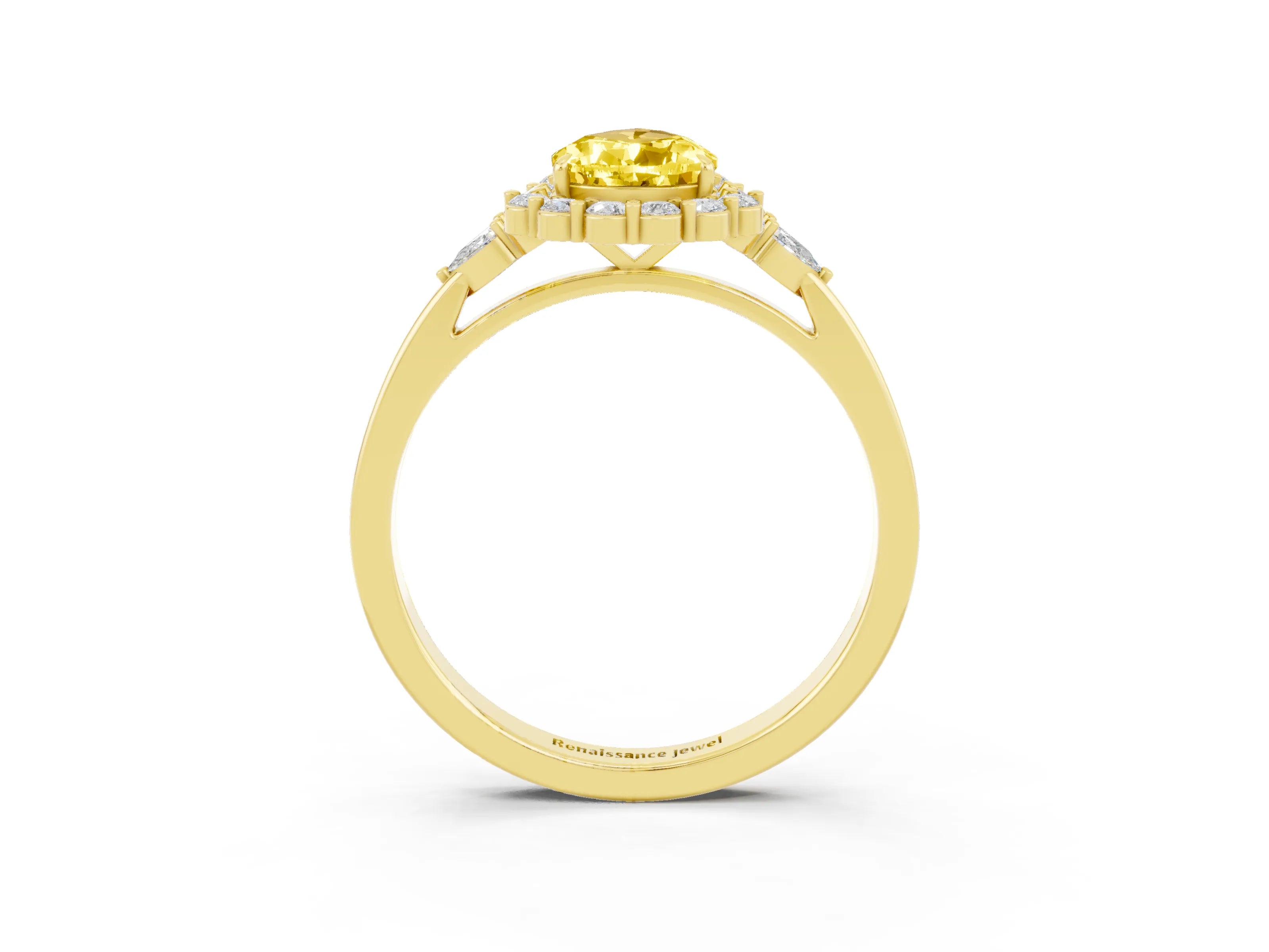 Yellow gold Pear Cut Yellow Sapphire Halo Ring with Pear Side Stones and Prong Setting_15