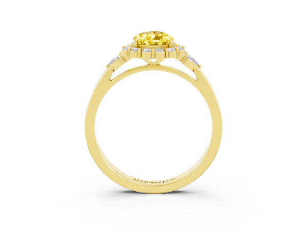 Yellow gold Pear Cut Yellow Sapphire Halo Ring with Pear Side Stones and Prong Setting