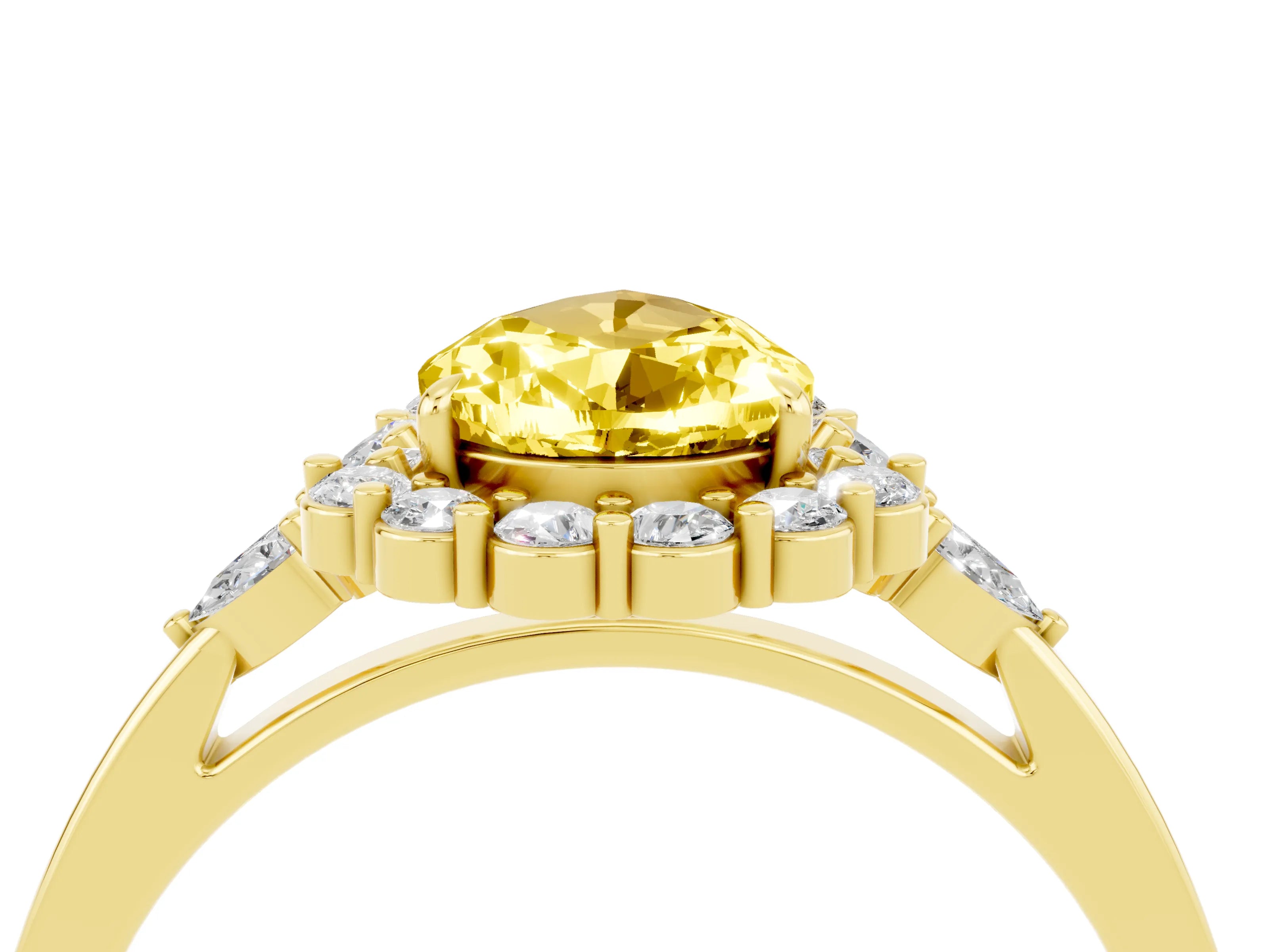 Yellow gold Pear Cut Yellow Sapphire Halo Ring with Pear Side Stones and Prong Setting_16