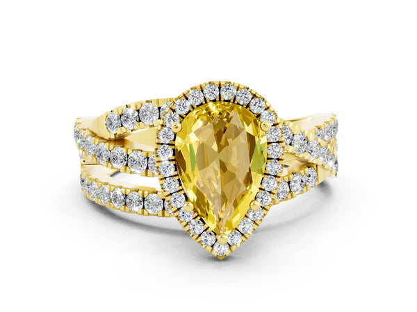 Yellow gold Pear Cut Yellow Sapphire Halo Ring with Round Split Shank and Prong Setting