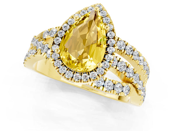 Yellow gold Pear Cut Yellow Sapphire Halo Ring with Round Split Shank and Prong Setting
