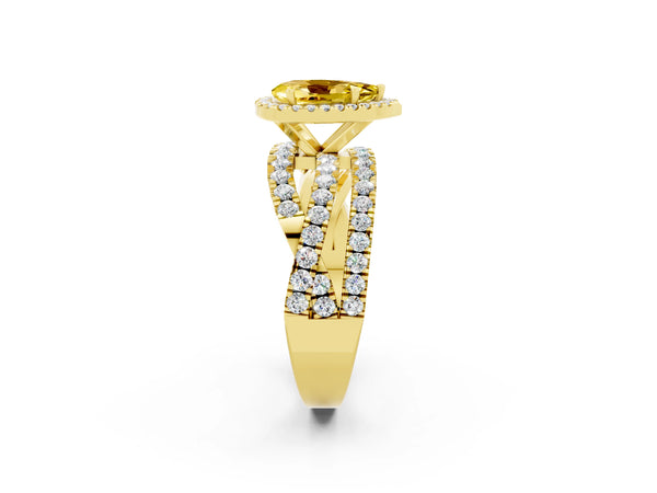 Yellow gold Pear Cut Yellow Sapphire Halo Ring with Round Split Shank and Prong Setting