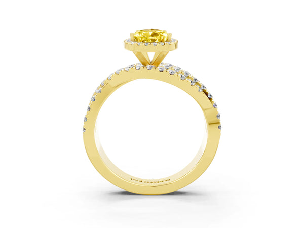 Yellow gold Pear Cut Yellow Sapphire Halo Ring with Round Split Shank and Prong Setting
