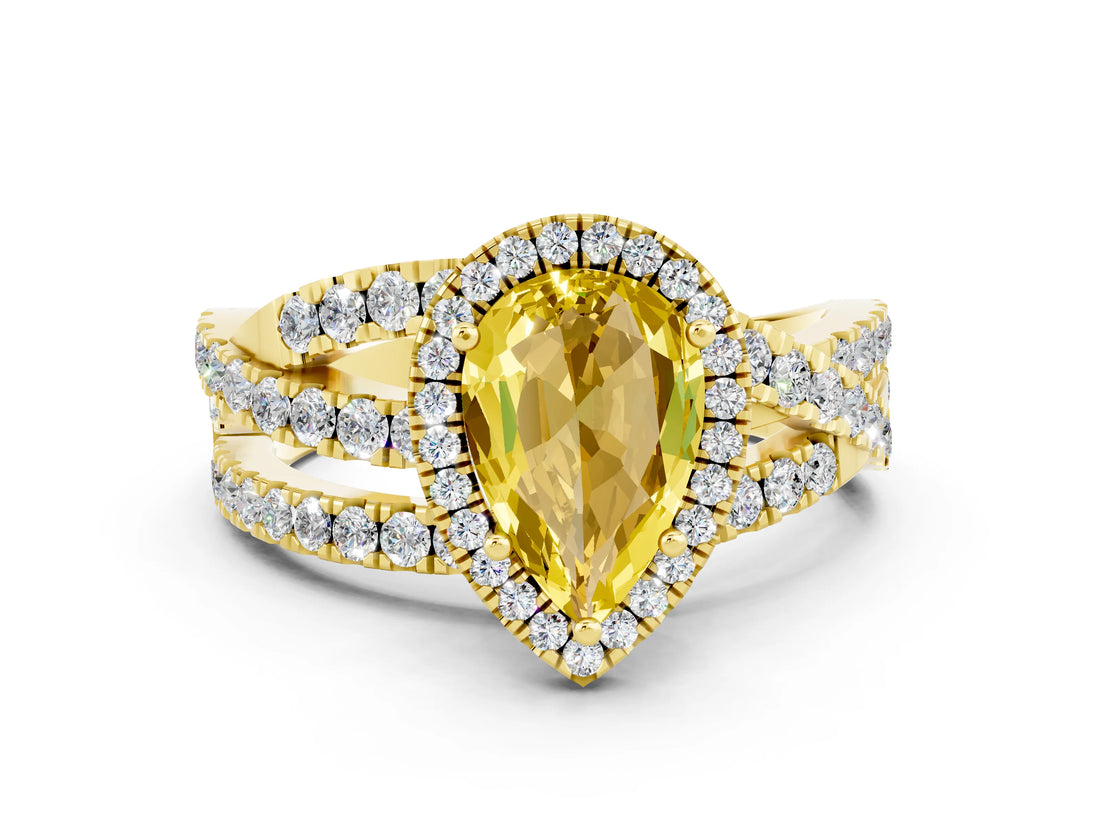Yellow gold Pear Cut Yellow Sapphire Halo Ring with Round Split Shank and Prong Setting_48