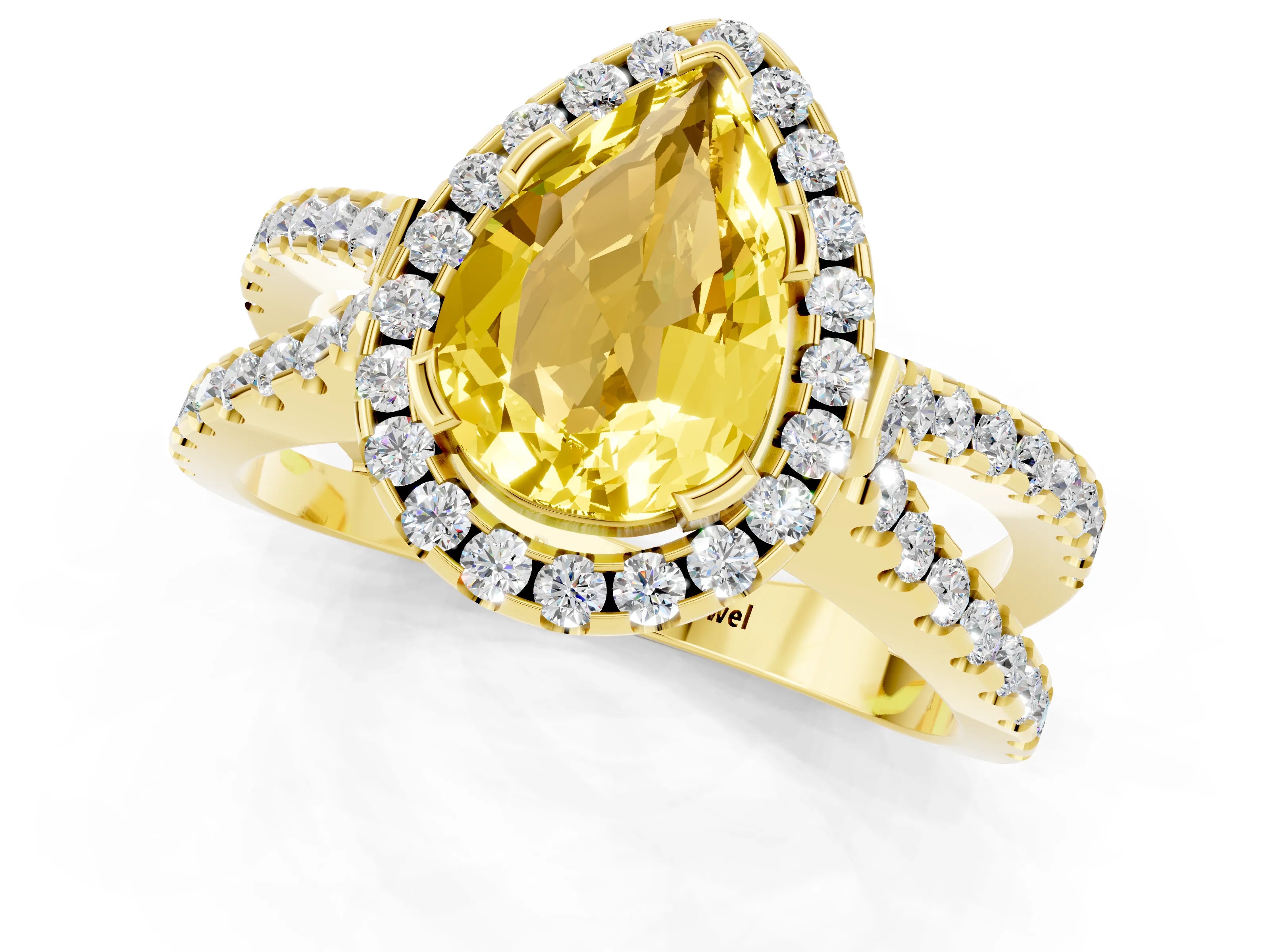 Yellow gold Pear Cut Yellow Sapphire Halo Ring with Split Shank Pavé Band and Prong Setting_13