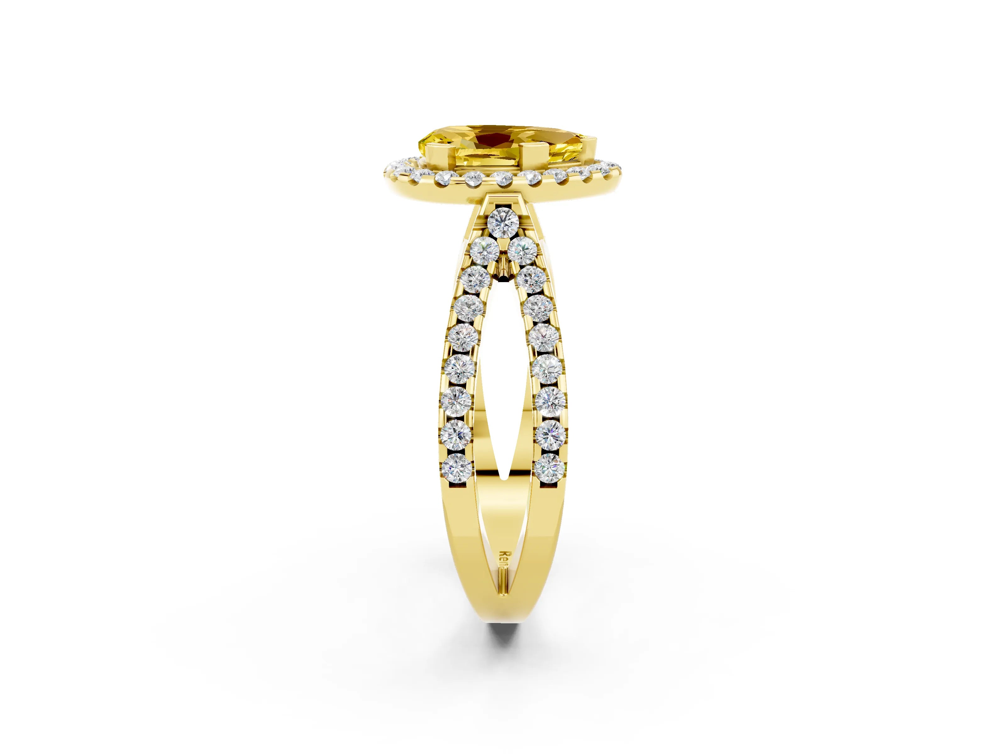 Yellow gold Pear Cut Yellow Sapphire Halo Ring with Split Shank Pavé Band and Prong Setting_14