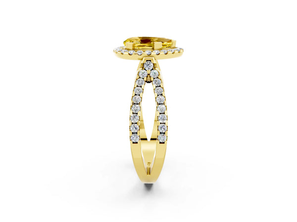 Yellow gold Pear Cut Yellow Sapphire Halo Ring with Split Shank Pavé Band and Prong Setting
