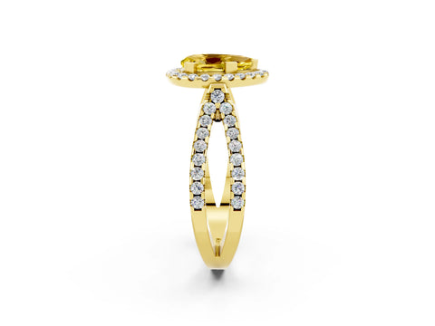 Yellow gold Pear Cut Yellow Sapphire Halo Ring with Split Shank Pavé Band and Prong Setting_14