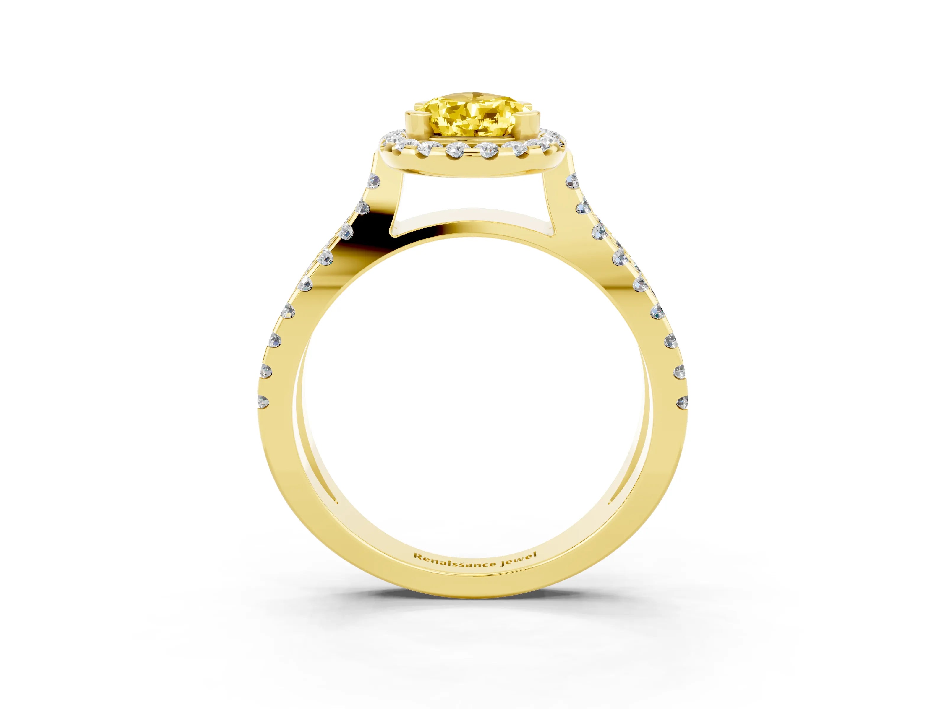 Yellow gold Pear Cut Yellow Sapphire Halo Ring with Split Shank Pavé Band and Prong Setting_15