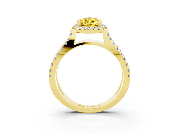 Yellow gold Pear Cut Yellow Sapphire Halo Ring with Split Shank Pavé Band and Prong Setting