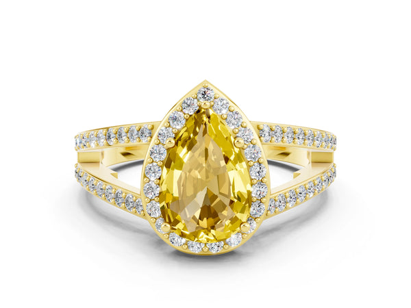 Yellow gold Pear Cut Yellow Sapphire Halo Ring with Split Shank U-Prong Band and Four-Prong Setting