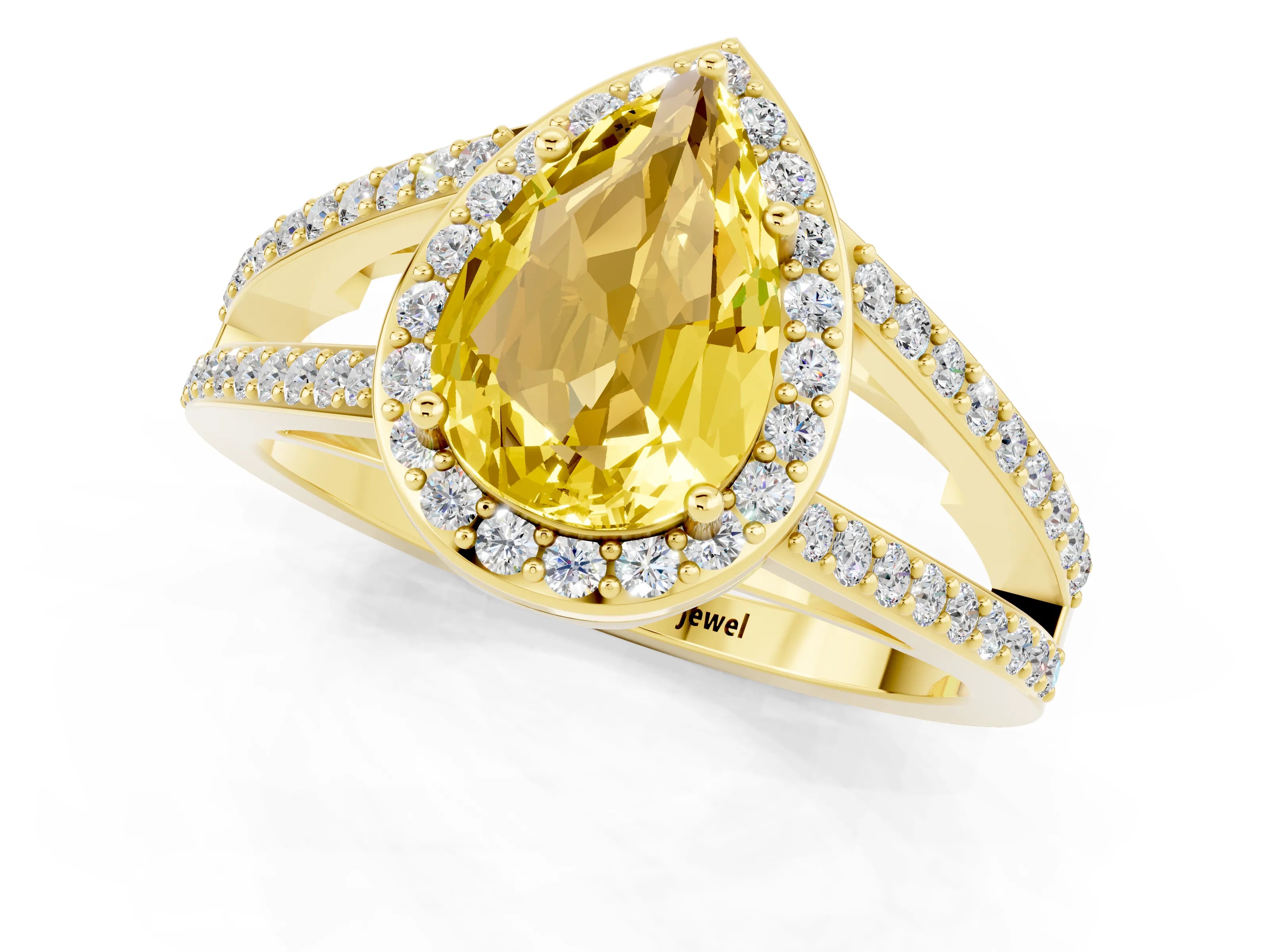Yellow gold Pear Cut Yellow Sapphire Halo Ring with Split Shank U-Prong Band and Four-Prong Setting_1