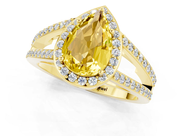 Yellow gold Pear Cut Yellow Sapphire Halo Ring with Split Shank U-Prong Band and Four-Prong Setting