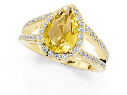Yellow gold Pear Cut Yellow Sapphire Halo Ring with Split Shank U-Prong Band and Four-Prong Setting_1