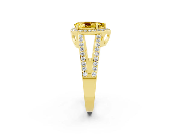 Yellow gold Pear Cut Yellow Sapphire Halo Ring with Split Shank U-Prong Band and Four-Prong Setting